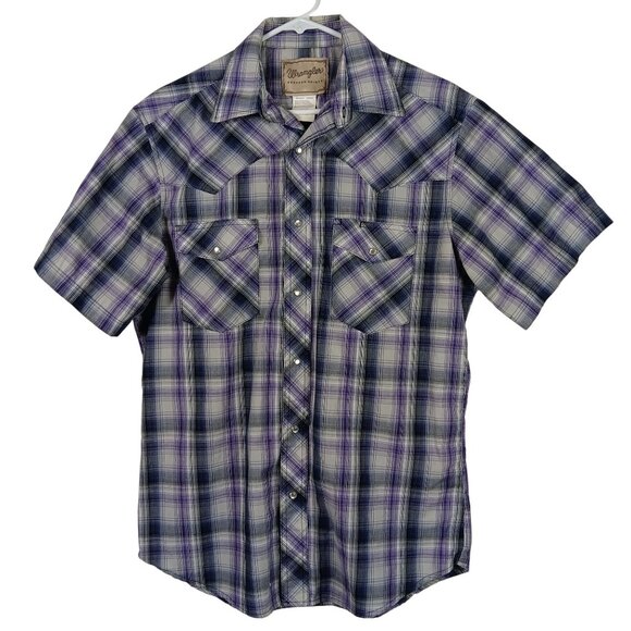 Vintage Wrangler Western Plaid Short Sleeve Shirt Size M Purple Pearl Snap Front - Picture 1 of 6